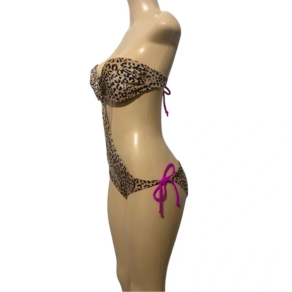 Leopard Animal Print Strapless One Piece Side Cutout Beige Adjustable Swimsuit - Picture 5 of 9